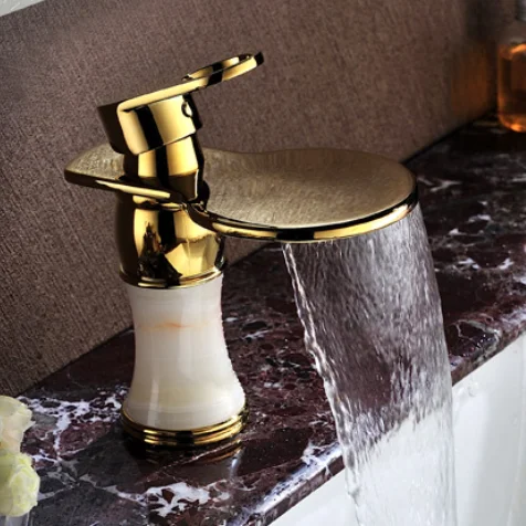 Cold and hot antique bathroom marble jade gold European style faucet waterfall bathroom accessories