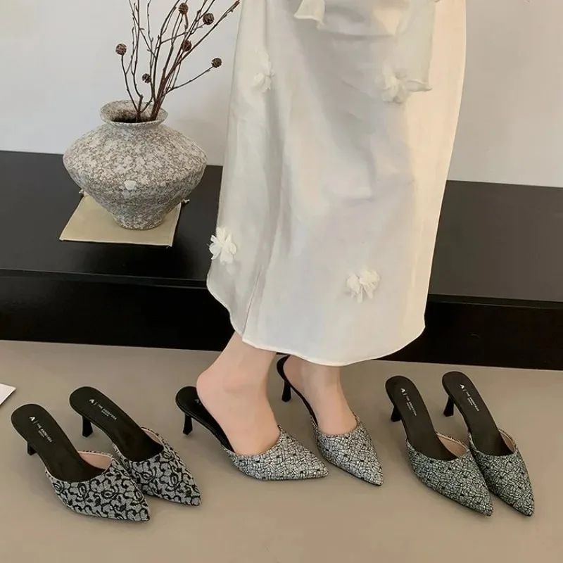 Women Lace Fabric Pointed Toe High Heel Mules Stiletto Heel Party Shoes Evening Slippers Comfortable Fit Wedding Elegant Sandals