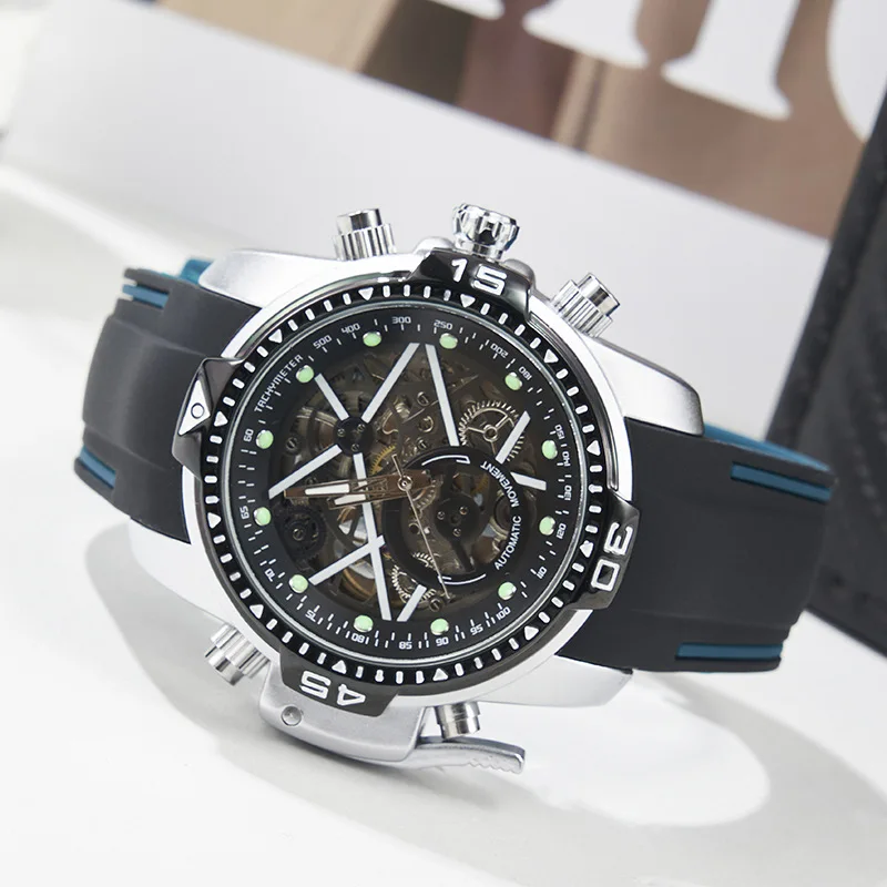 MOBANGTUO Multifunktionale automatische mechanische Herrenuhr, modisch, leuchtend, großes Zifferblatt, Silikonarmband, wasserdichte Armbanduhr