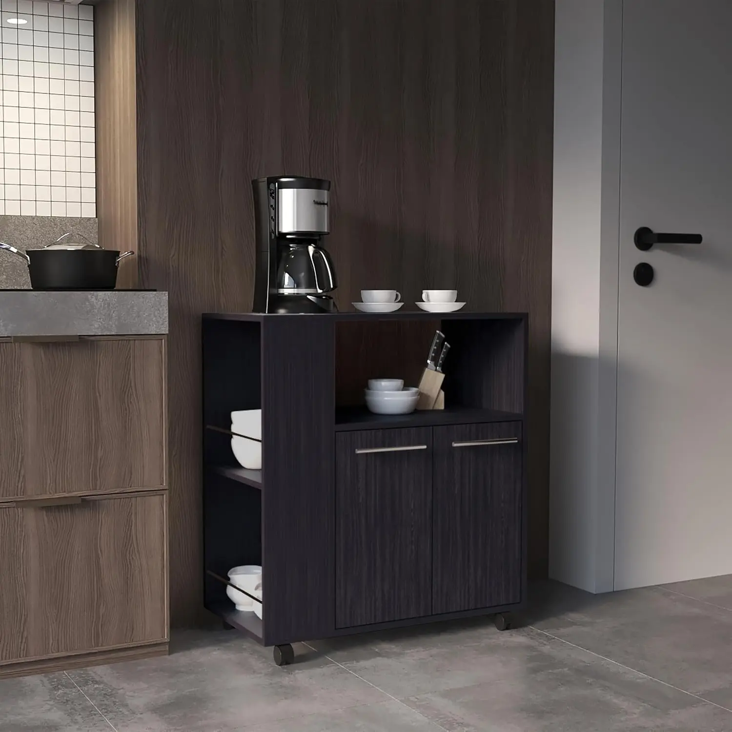 Kitchen Island Cart 29.5x15.7x32.8in Black MDF Cabinet 4 Shelves Locking Casters Microwave Stand, Customized