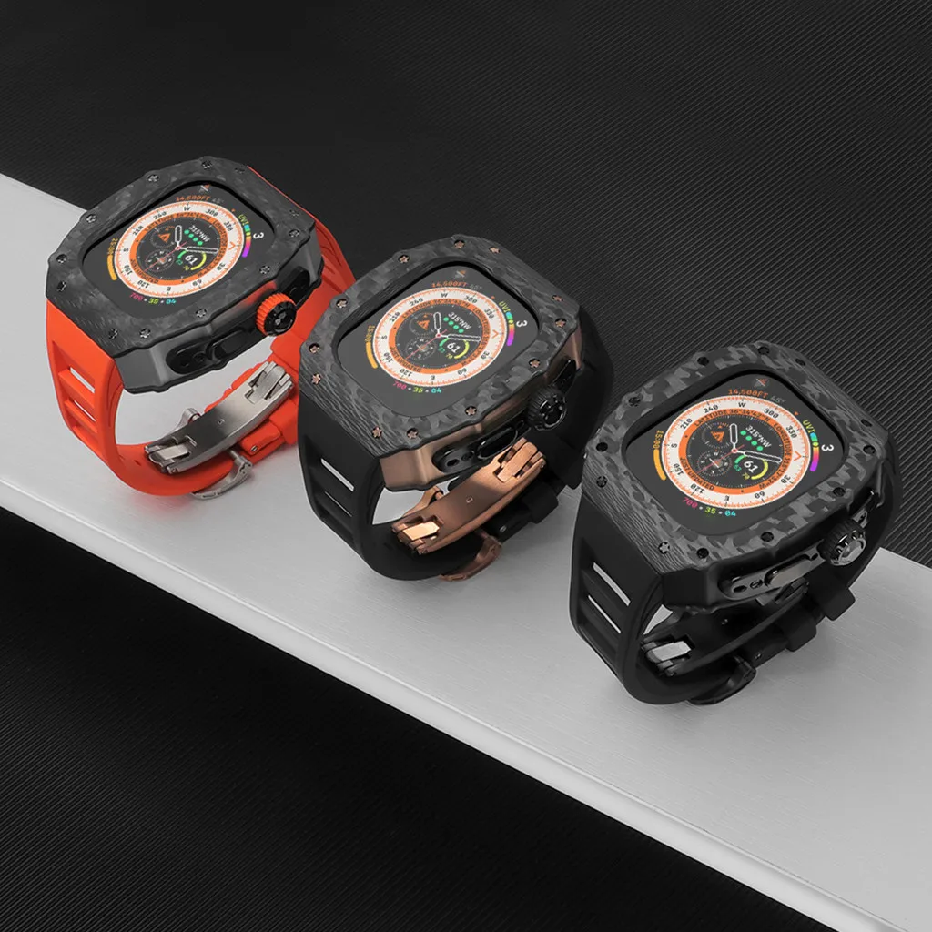 Carbon fiber titanium metal case luxury modification kit rubber strap compatible for Apple Watch Ultra 2 49mm IWatch series 49mm