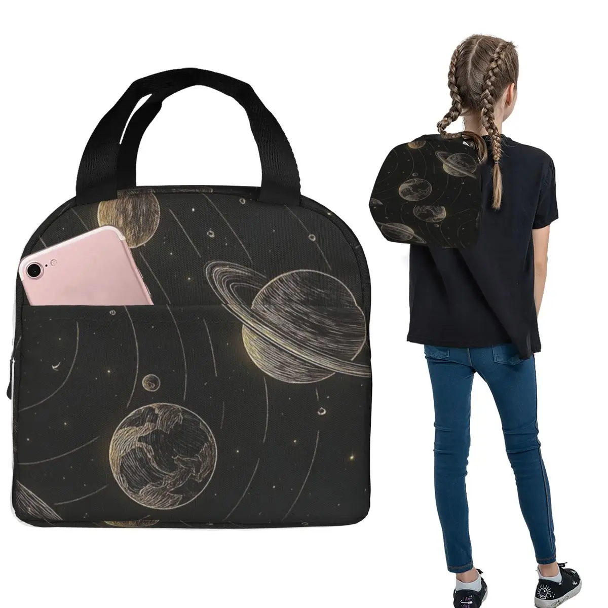 

Planets Orbiting In Space Print Insulated Lunch Bag for Women Kids Portable Food Boxes Thermal Lunch Box Tote