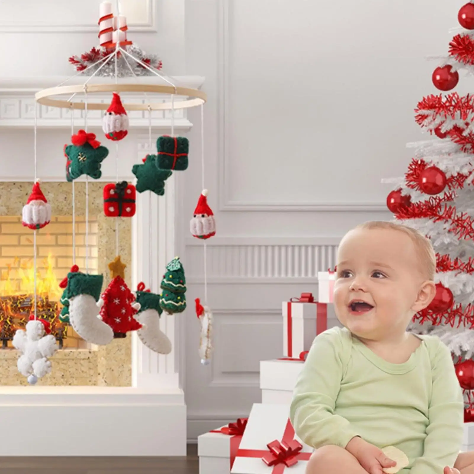 Christmas Crib Mobile Christmas Tree Santa Stocking Decoration Handmade Nursery Mobile For Boys Girls Children's Room Home