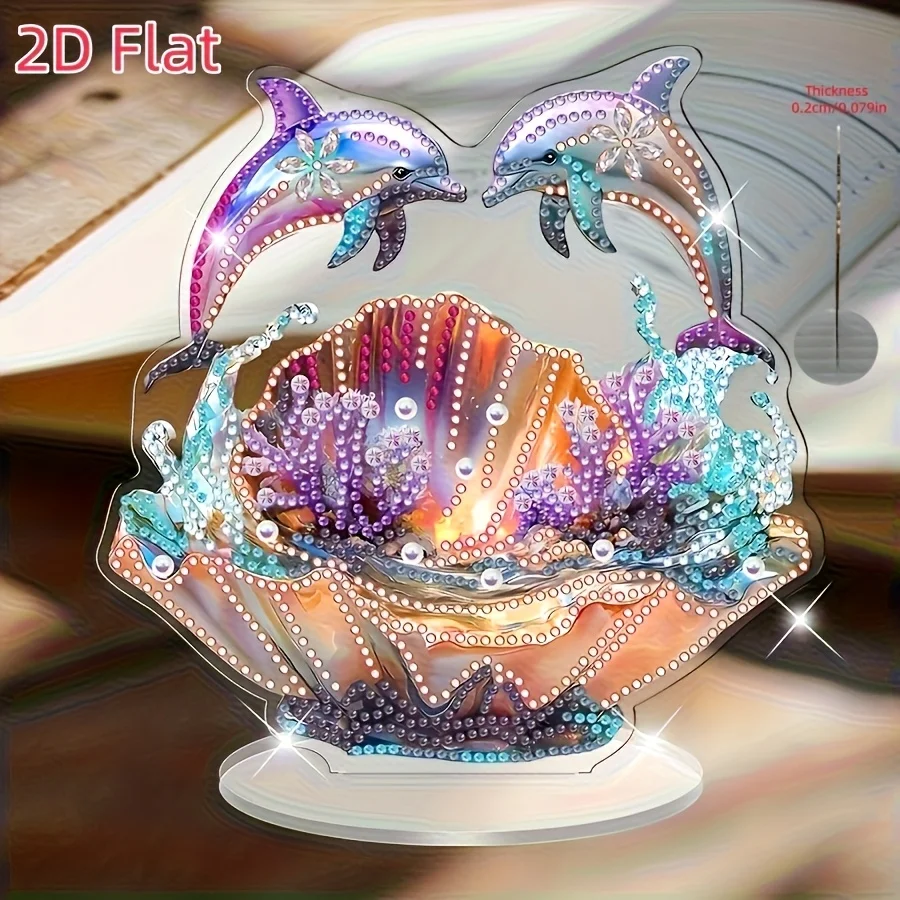 2D Flat, Discount, Diamond Painting Kit - Charming Dolphin Shell Design with Acrylic Gems, Mosaic Product, Unique Shaped Diamond