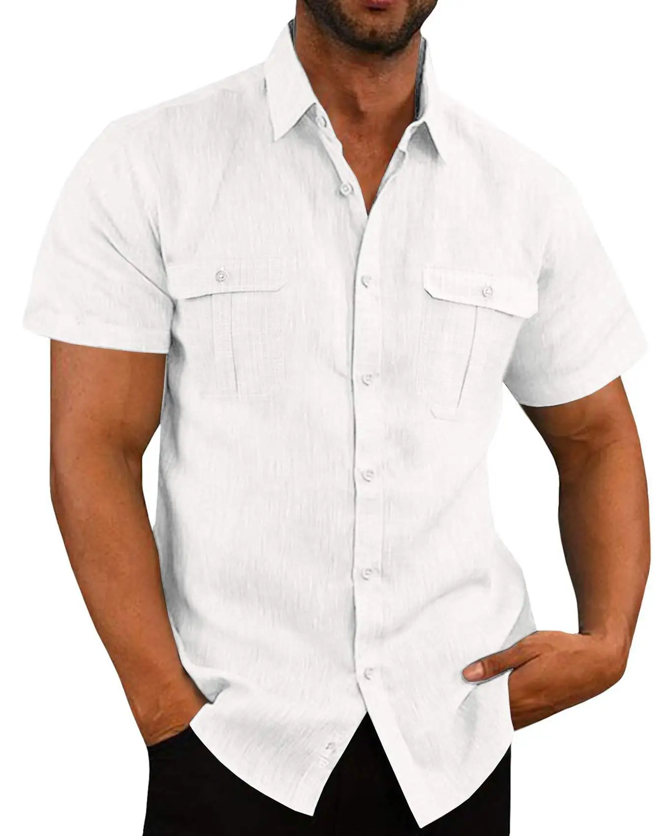 

Men's Short Sleeve Linen Shirt - Casual Summer Style with Dual Pockets and Button-Down Front