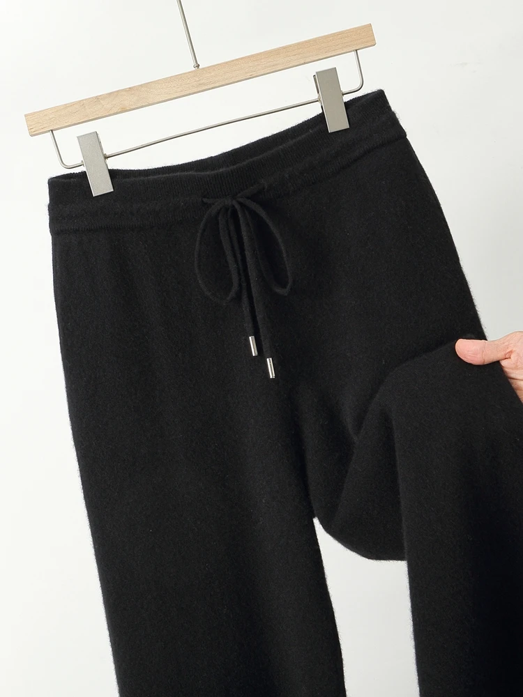 Autumn Winter Men Wool Wide Leg Pants Elastic Waist Drawstring Regular Trousers 100% Merino Wool Knitted Soft Smart Casual Pants