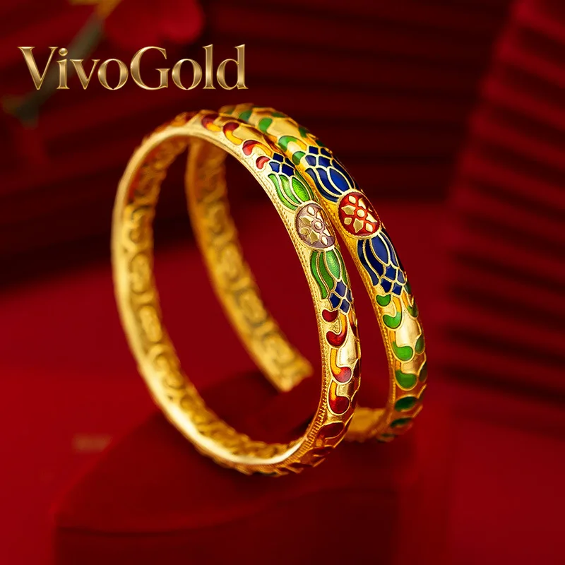 

Женский браслет VivoGoldRetro в этническом стиле, из настоящего золота 9999 пробы, 24 карата, с синей эмалью и узором