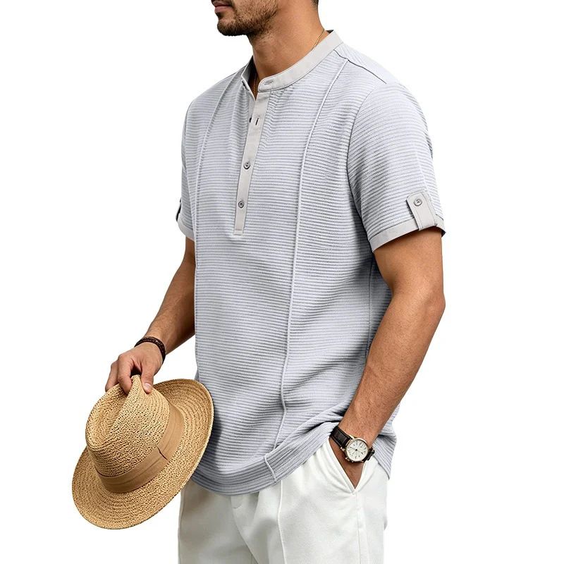 2026 Men's Summer Henley Neck Short Sleeve T-Shirt Striped Texture Casual Beach Shirt Breathable Button Placket Tops