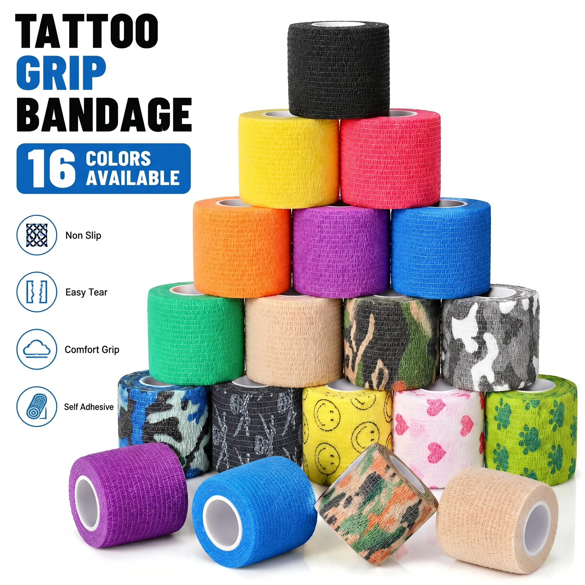 

16PCS Tattoo Grip Bandage Colorful Self Adhesive Wrap 5cm x 4.5m Non Slip Handle Tape Tattoo Machine Grip Cover Supplies