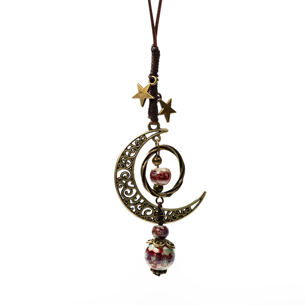 Moon and Star Handmade Ceramic Necklace Adjustable Pendant Boho Vintage Jewelry Multiple Colors  Accessories 142