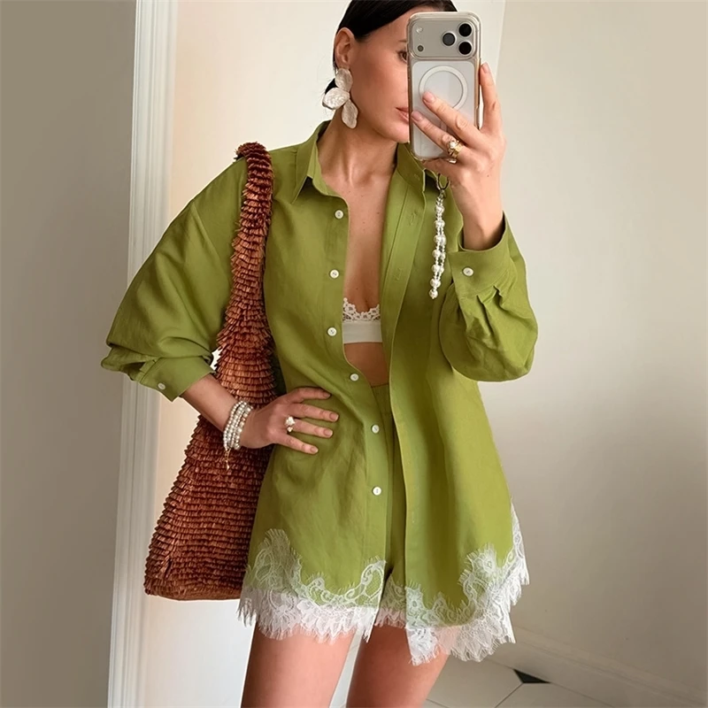 

Blue Lace Patchwork Hem Shirt Shorts 2 Pieces Set Women's Single Breasted Blouse High Waist Shorts Set 2026 Casual Daily Outfit
