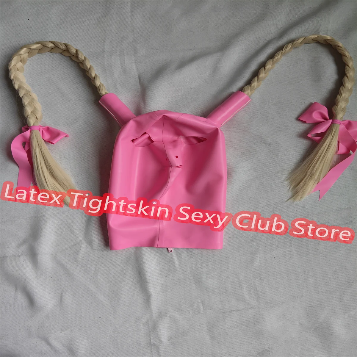 

Женская латексная маска с резиновым капюшоном 2, парик, розовая маска для косплея с молнией сзади для женщин