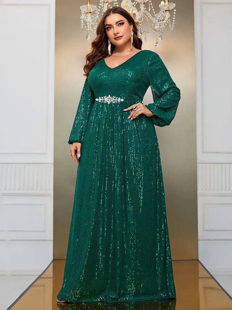 Plus Size V Neck Long Sleeve Dark Green Floor Standing Evening Gown 4XL 5XL Big Size Shiny Multicolor Long Sleeve Women's Prom