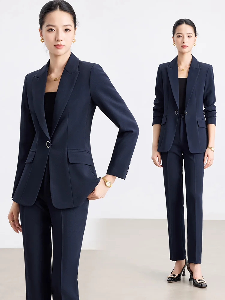 Gray Suit Set for Women Professional Commute Workwear Elegant Career Interview Outfit Polyester Fabric Long Sleeve Button up