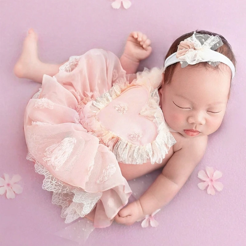 

Lovely Newborn Photoshoots Props Outfit Lace Romper with Headband Breathable Backless Photography Dress Headdress