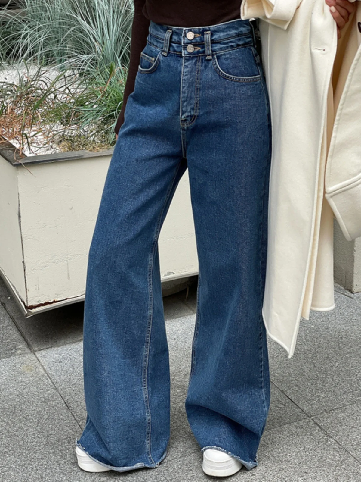 하이웨이스트 청바지 여성용 겨울철 스타일리시한 레트로한 두꺼운 스트레이트 핏 와이드 팬츠 긴 바지 청바지 데님 팬츠 청바지