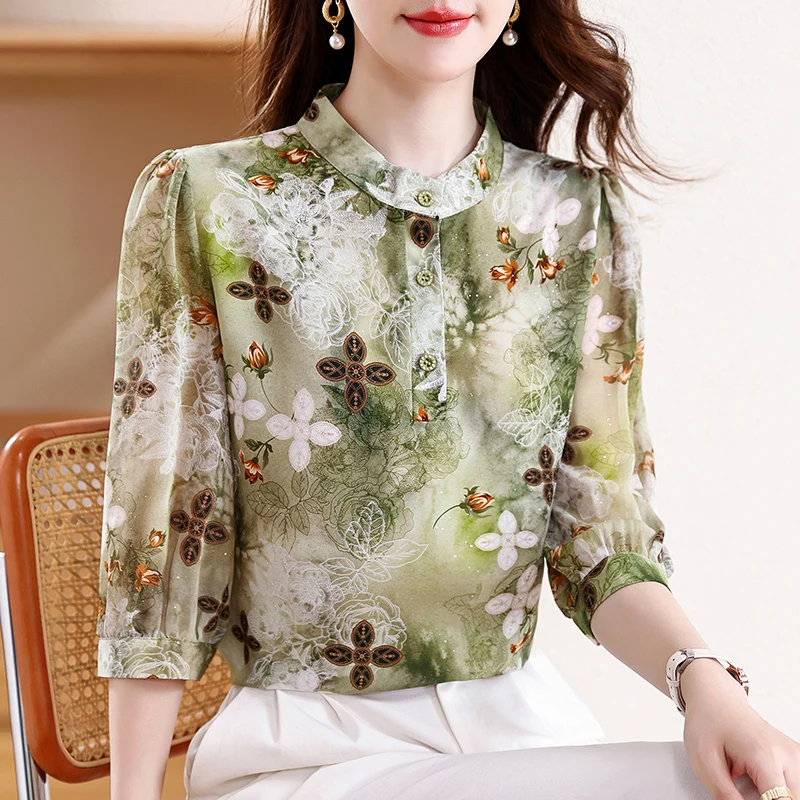 

2025 Spring Summer Women Silk Chiffon Blouse Elegant Floral Printed Shirt 3/4 Sleeve Casual Office Lady Tops
