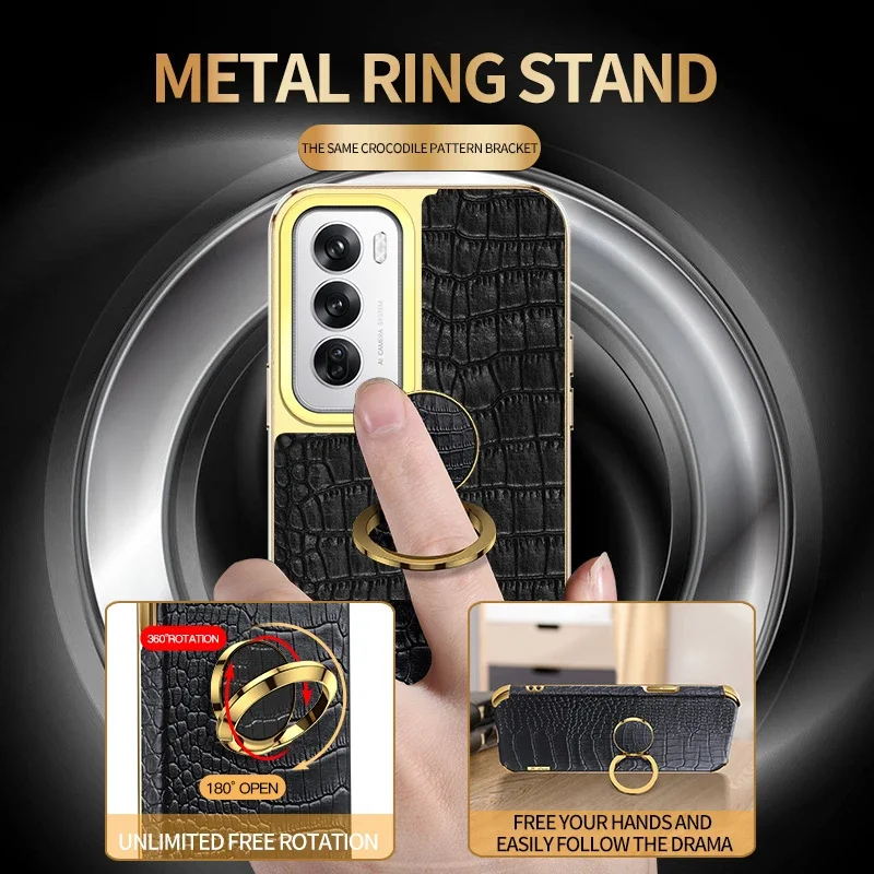 Magnetic Holder Stand Cover Phone Case For OPPO Reno 11A 12 FS 13 10 Pro Plus 5G Silicone Soft Crocodile Texture PU Leather Case