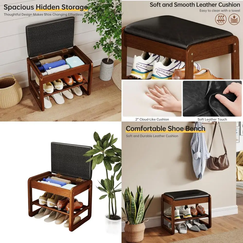 

Wooden 2-Tier Shoe Rack Bench with Cushion and Flip-Top Storage for Entryways and Mudrooms