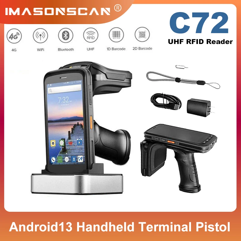 UHF RFID Reader PDA 840-960Mhz Android13 Handheld Terminal Barcode Scanner NFC 4GB 64GB Pistol Grip Data Collector Chainway C72