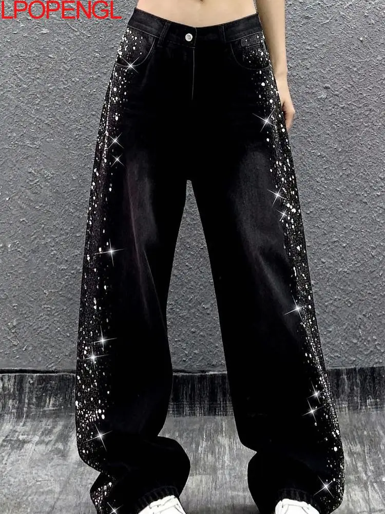 2026 Spring And Summer New Vintage Casual Side Hot Diamond Drop Button Jeans Women Loose Straight Streetwear Wide Leg Pants