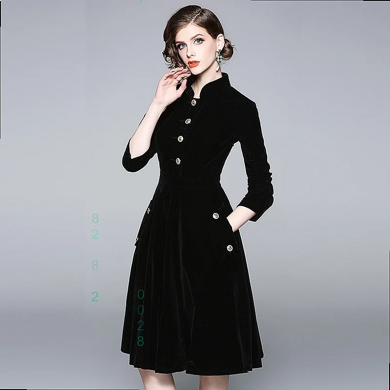 Black Style Stand Collar Velvet Dress Dresses for Women Spring Summer Elegant Long Coat Jacket - view 2