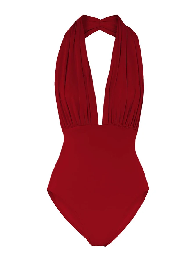 Bañadores de una pieza de diseñador para mujer, traje de baño rojo con cuello Halter y escote en V profundo, Bikini de tiras cubierto de triángulo ajustado de lujo