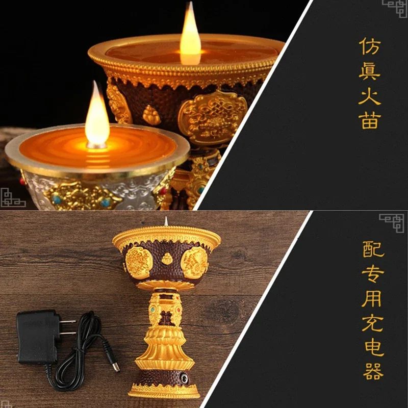 Electric Copper Tibetan Butter Lamp, Rechargeable Alloy, Buddhism Fist Candle Light, Warm White LED, Thailand Altar Lamp, 20cm