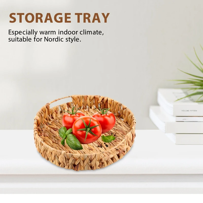 2Pcs Round Braided Tray Made of Seagrass Water Hyacinth Set 33cm + 28cm Diameter Fruit Bowl