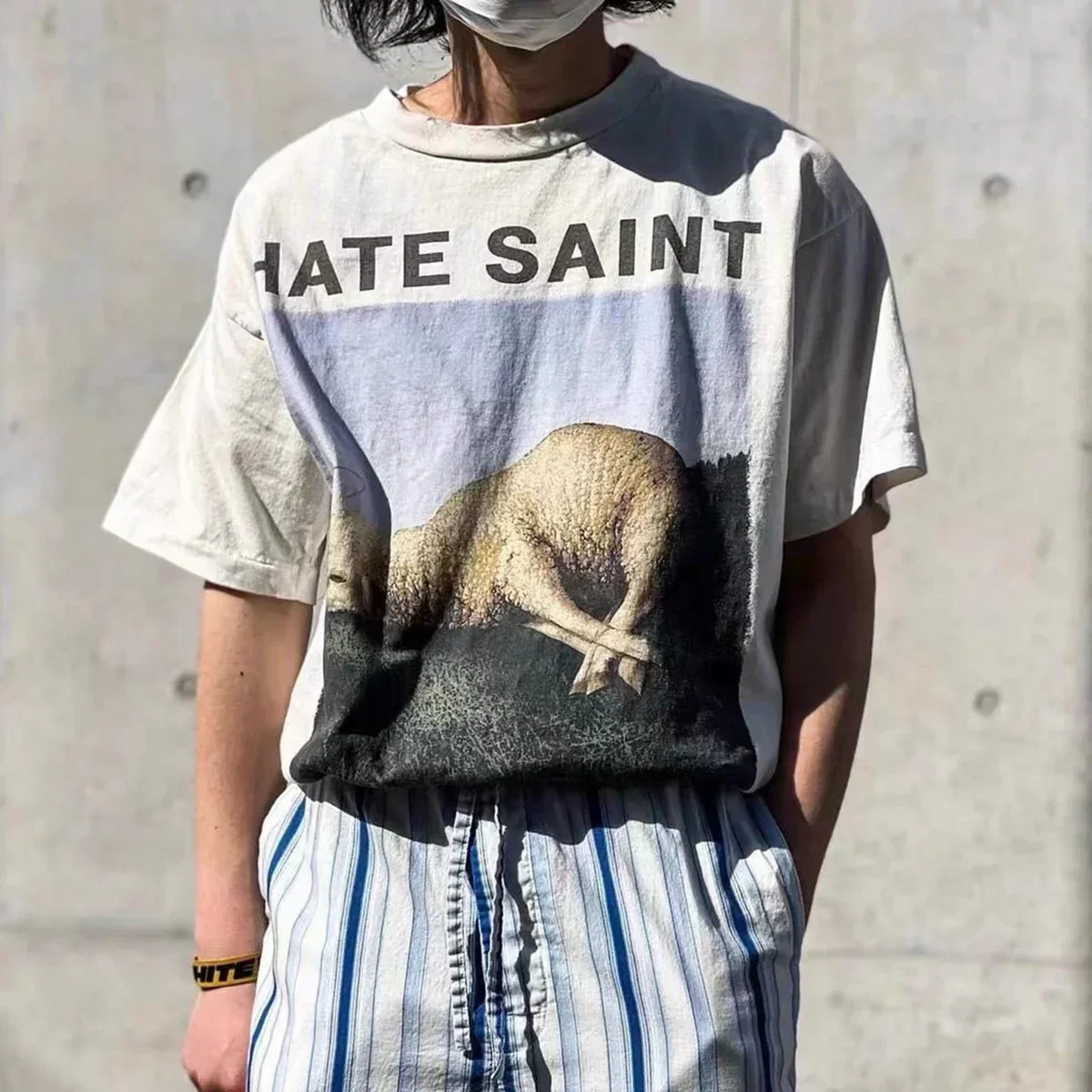 Yao Fashion Saint Of Michael Japanese Streetwear Tide Brand Vintage Angel Sheep Graphic Print Unisex Oversize T Shirt For Men