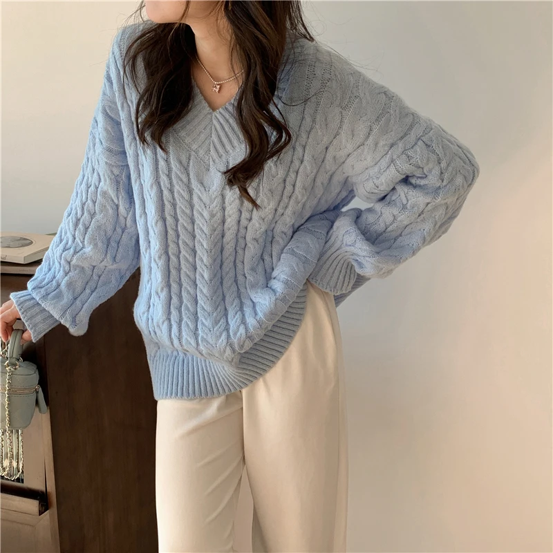 Solid Sweater Women Korean Fashion V Neck Knitted Pullovers Pink Long Sleeve Knitwear Winter Streetwear Casual Jumpers Tops New