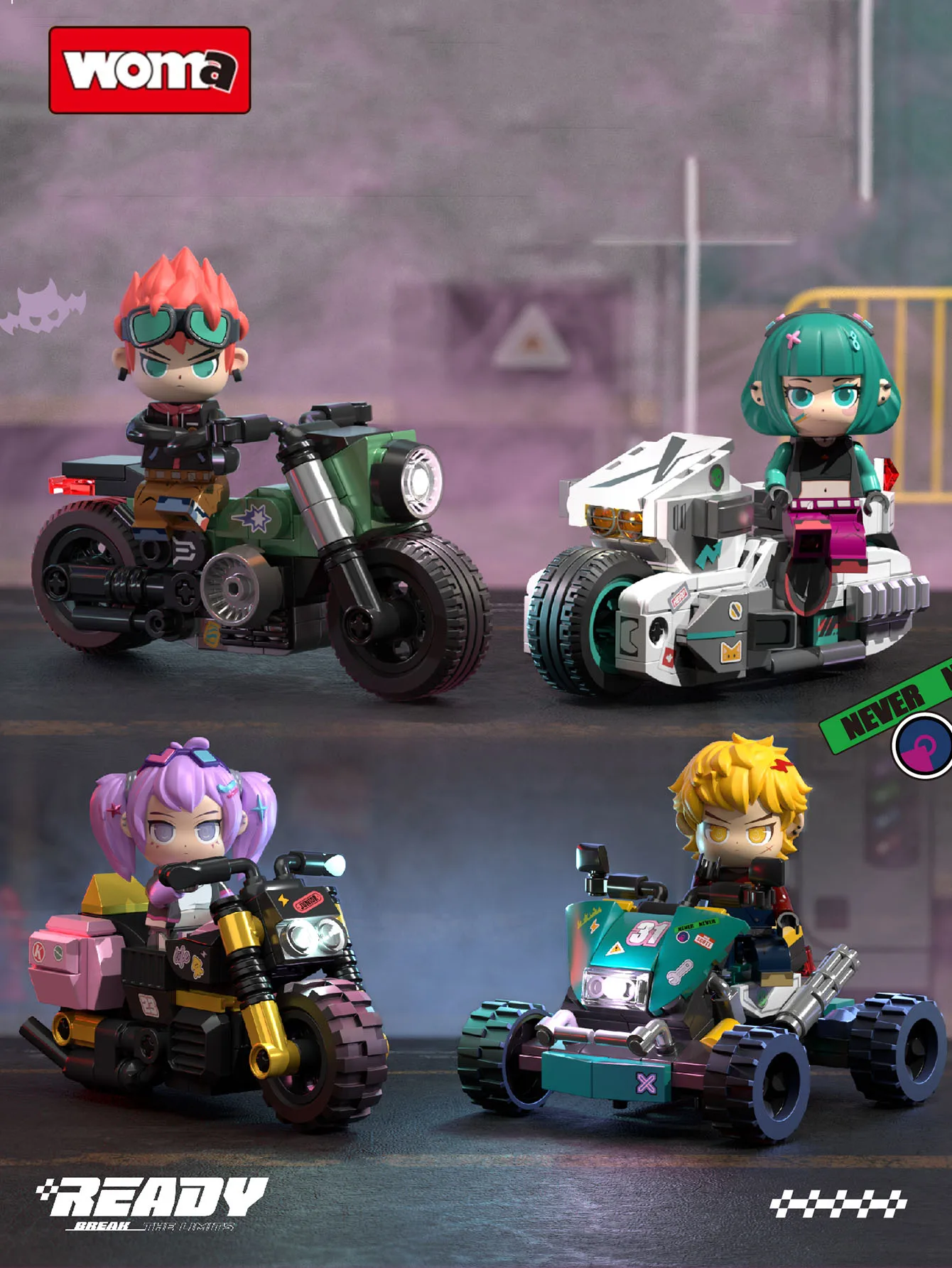 4 in 1 Cyberpunk Racer Motorcycle Boys Girls Anime Figures Model Building Blocks Assembly Bricks Figures Toy Ornament Kids Gifts