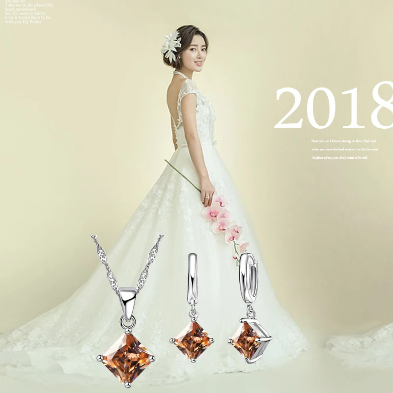 

Exquistie Women Crytal Pendant Necklaces And Earring Set 925 Sterling Silver Bridal Wedding Jewelry Sets For Female Gift