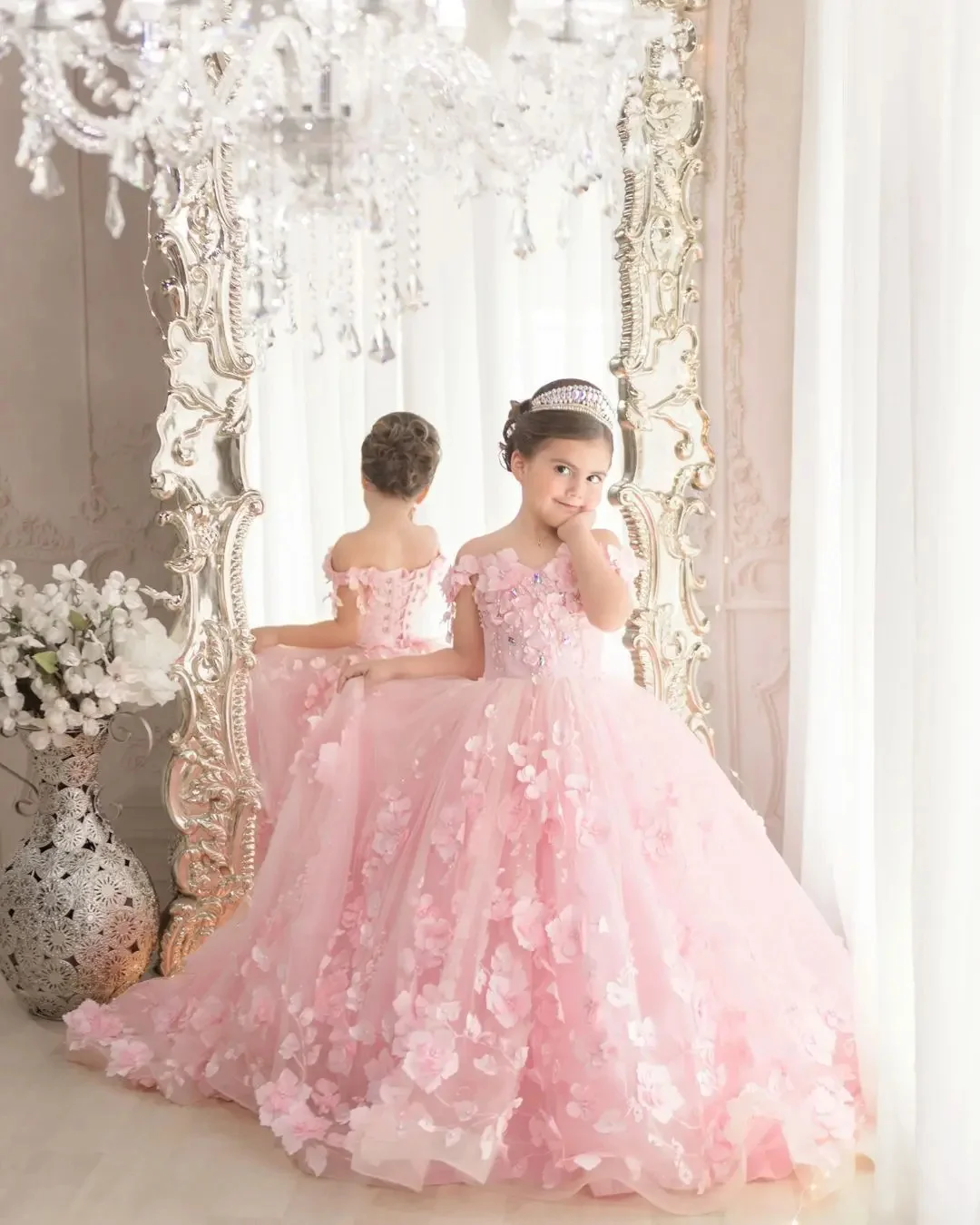 Vestido de tul hinchado para niña de las flores, apliques 3d, perlas rosas de lujo, vestido de princesa para fiesta de cumpleaños, vestidos de baile, 2024