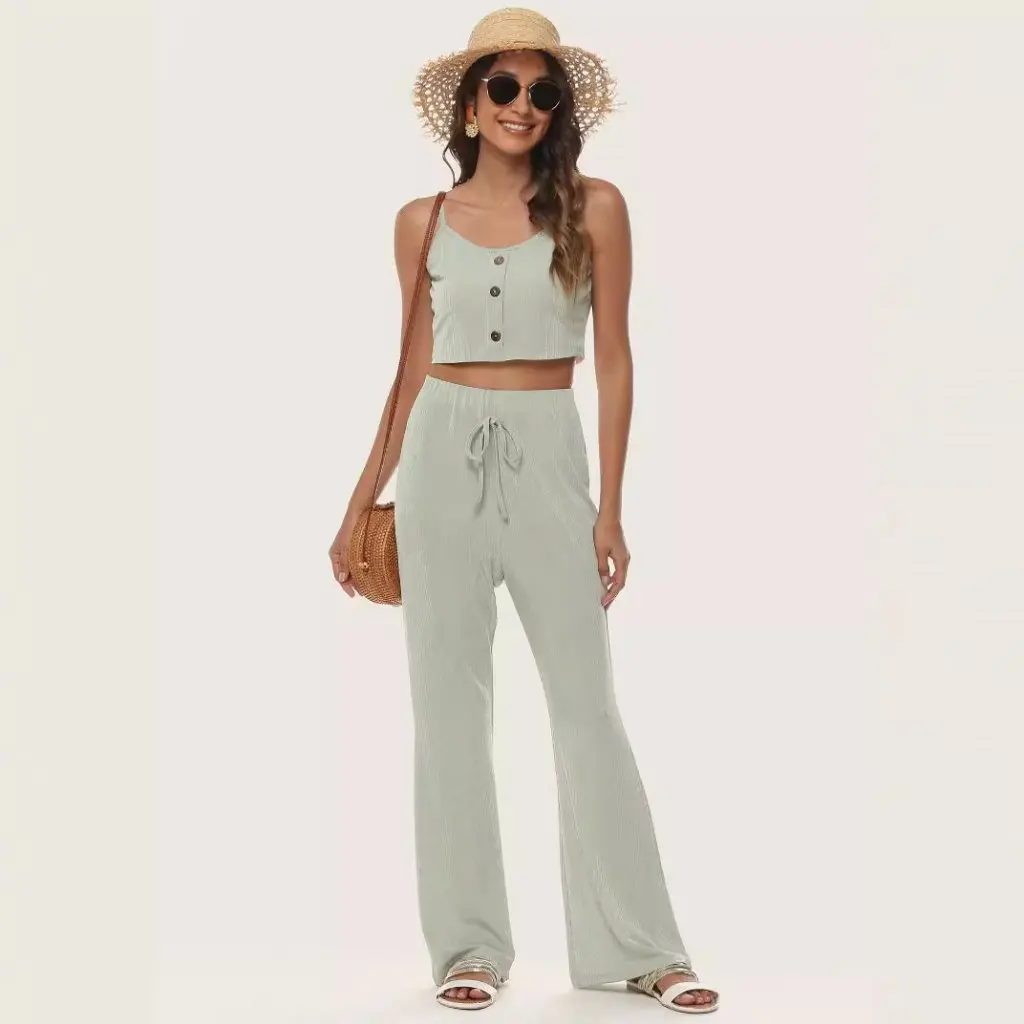 

Women's Casual Two-Piece Suit Sexy Strap High Waist Flared Pants NAVEL Flared Pants European And American Style A111