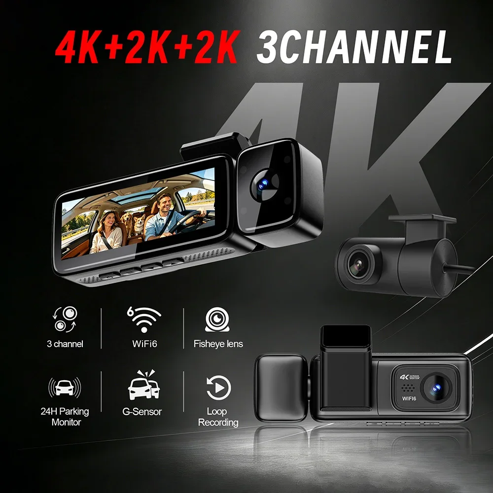 4K Dash Cam 2/3 Channel Car DVR Front Rear Inside 4K+2K+2K 200° fisheye Night Vision G-Sensor 24H Parking Monitor