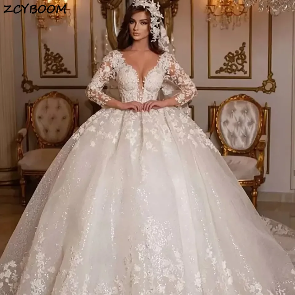 

Luxury Retro Sparkly Lace Appliques Sweetheart Ball Gown Wedding Dresses 2024 Illusion Court Train Tulle Bridal Gowns For Women