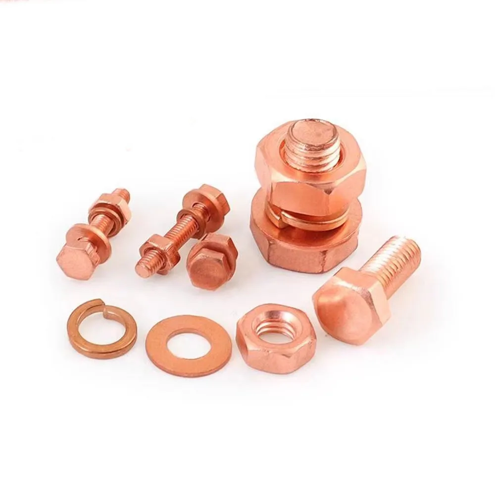 DIN933 T2 Red Copper Outer Hex Bolt Screw With Nut Flat Washer Set M3 M4 M5 M6 M8 Electrolytic Copper Fastener Kit