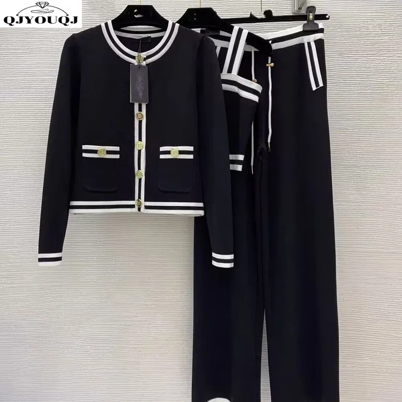 French style small fragrant style slim fit knitted cardigan sweater+fashionable suspender+casual wide leg pants three piece set