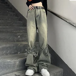 Women Retro Strap Trend Version Jeans Female American Style Loose Wide-leg High Waist Cargo Pants  Y2k Women's Baggy Trousers