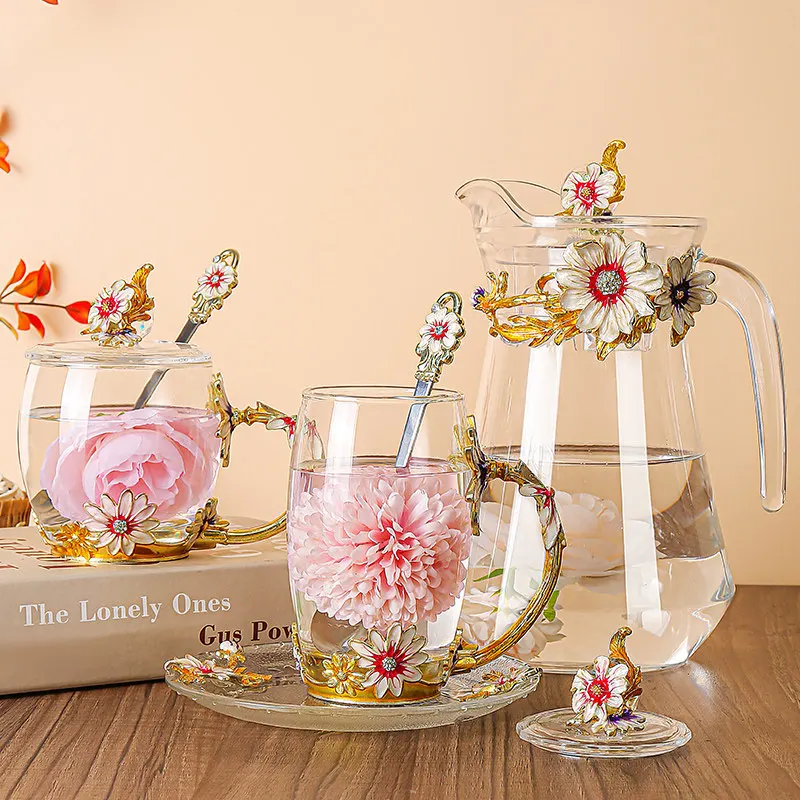 Daisy Teetasse Emaille-Farbige Kaffeegläser Wasserbecher Große Kapazität Kaltgetränkekanne Hochwertige Haushalts-Trinkbecher