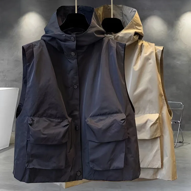 

Couples Matching Hooded Vest Men's Outerwear Korean Sle Trendy Workwear ket Detail Loose Fit Casual Faion Vest