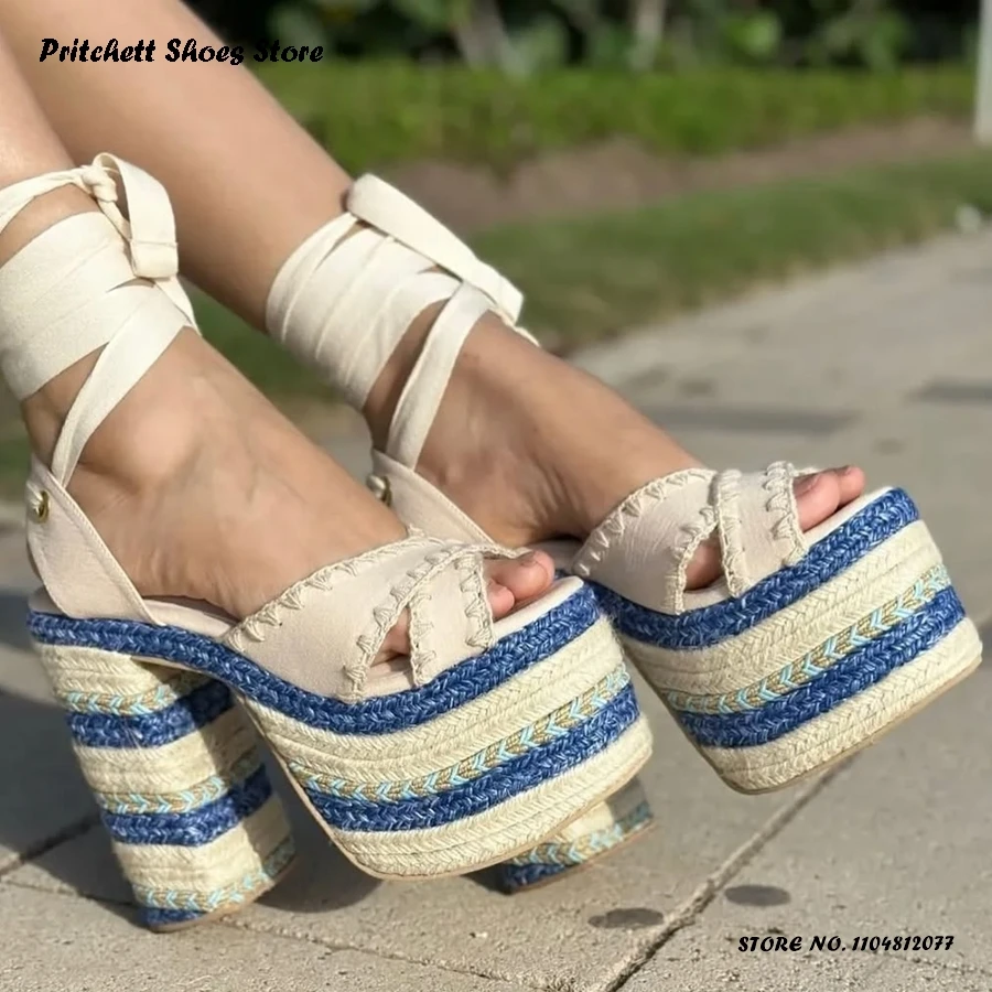 

Женские плетеные босоножки на платформе в стиле пэчворк, трендовая обувь с круглым открытым носком на массивном каблуке, лето 2024, на шнуровке, большие размеры, на высоком каблуке