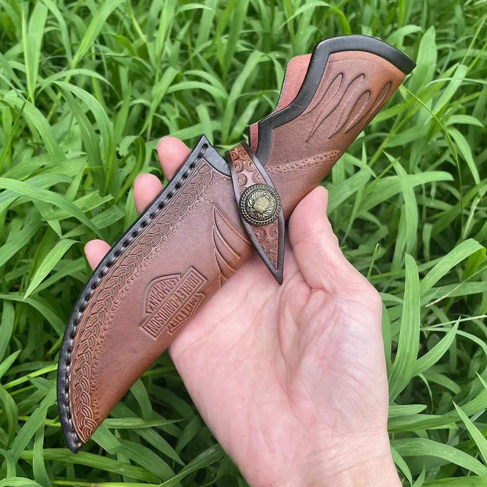 25.5cm Fixed Blade Knife Scabbard Embossed Cowhide Top Grain Leather Camping Knife Case Hunting Holsters with Belt Buckle