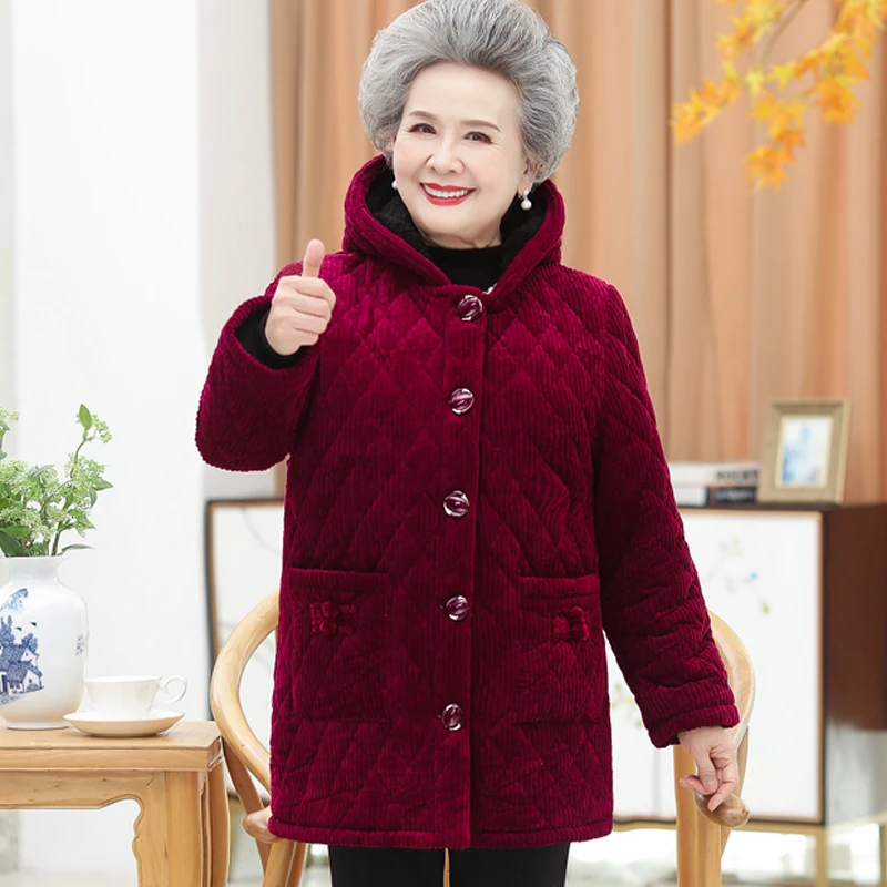 Middle-aged Elderly Women\'s Corduroy Cotton Padded Jacket 5XL Large Size Thicken Hooded Parkas Grandma Add Velvet Warm Overcoat