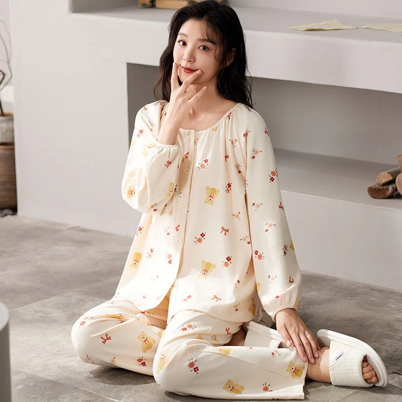 Bear Women Pajamas Sets Autumn Winter Long Sleeves Long Pants Cute Kawaii Sleepwear Soft Pyjamas Cozy Pijamas Girls Button Woman