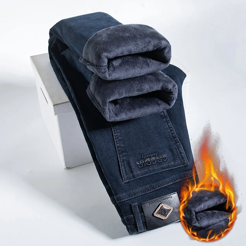 Winter 2024 Men's Thicken Fleece Jeans Business Pans Denim Pants Loose Straight Stretch Warm Trousers Male Haze Blue Black Gray