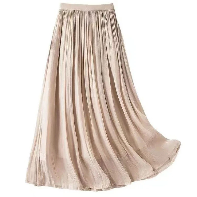 Women Holiday Outfit Match Slim-Fit Summer Solid Color Lightweight Elastic Waist Organza Mercerized Skirt