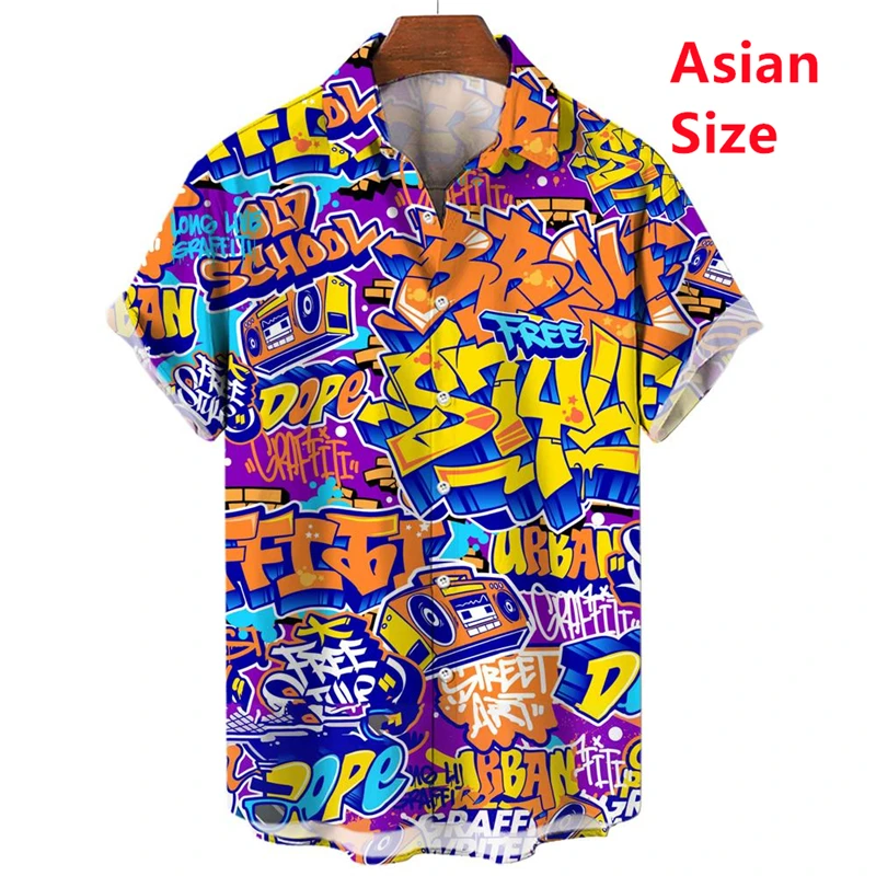 New Hawaiian Shirt Short-Sleeved Shirt Men's Lapel Button-Down Shirt Graffiti Print Clothing Street Casual Loose Clothes Fashion