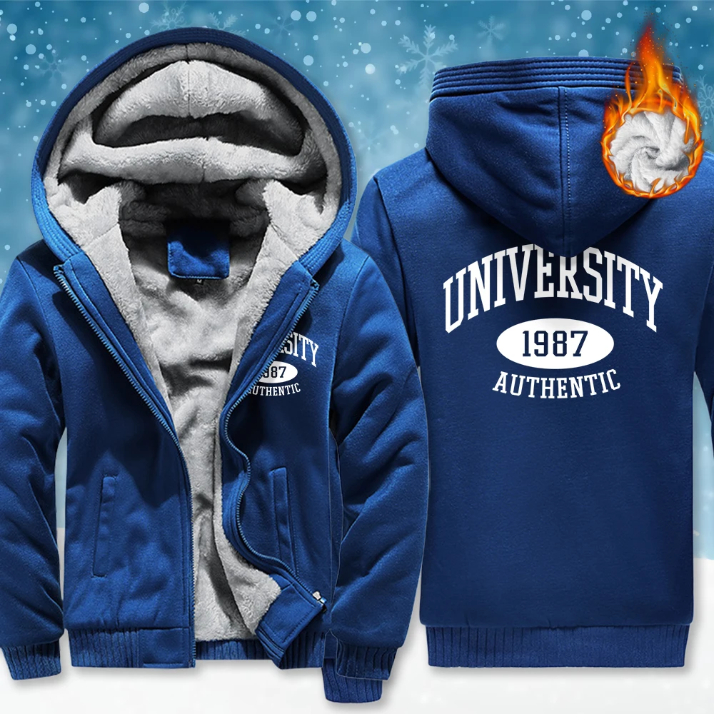 

University 1987 Authentic Print Zipper Thicken Jacket Man Fashion Casual Hoodies Loose Pocket Clothing Winter Street Fleece Top